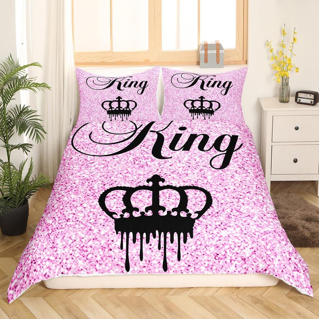 Modern King Crown Duvet Cover Twin Black Pink Bedding Set Women Adults Couple Comforter Cover Girls Valentines Day Quilt Cover