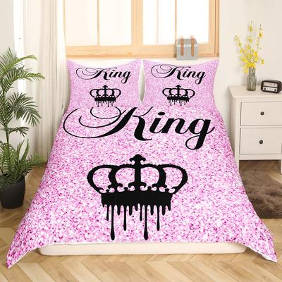 Housse de couette King Crown moderne pour lit double, noir et rose, ensemble de literie pour femmes, adultes, couple, housse de couette pour filles, housse de couette pour la Saint-Valentin