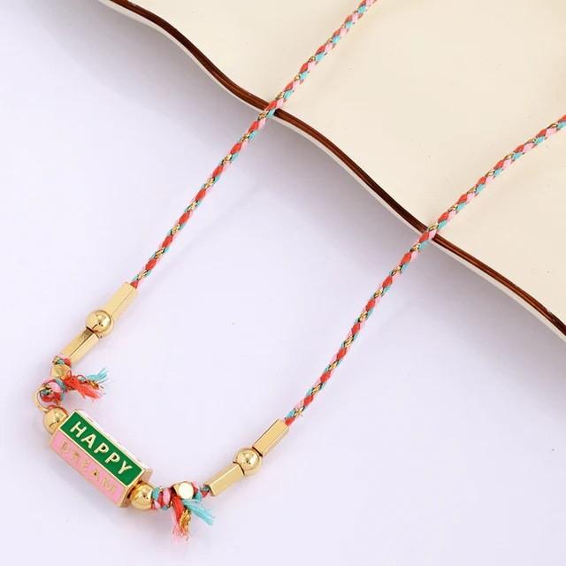 Vintage Graffiti Alphabet Necklace For Women With Copper Geometric Pendant And Colorful Cord