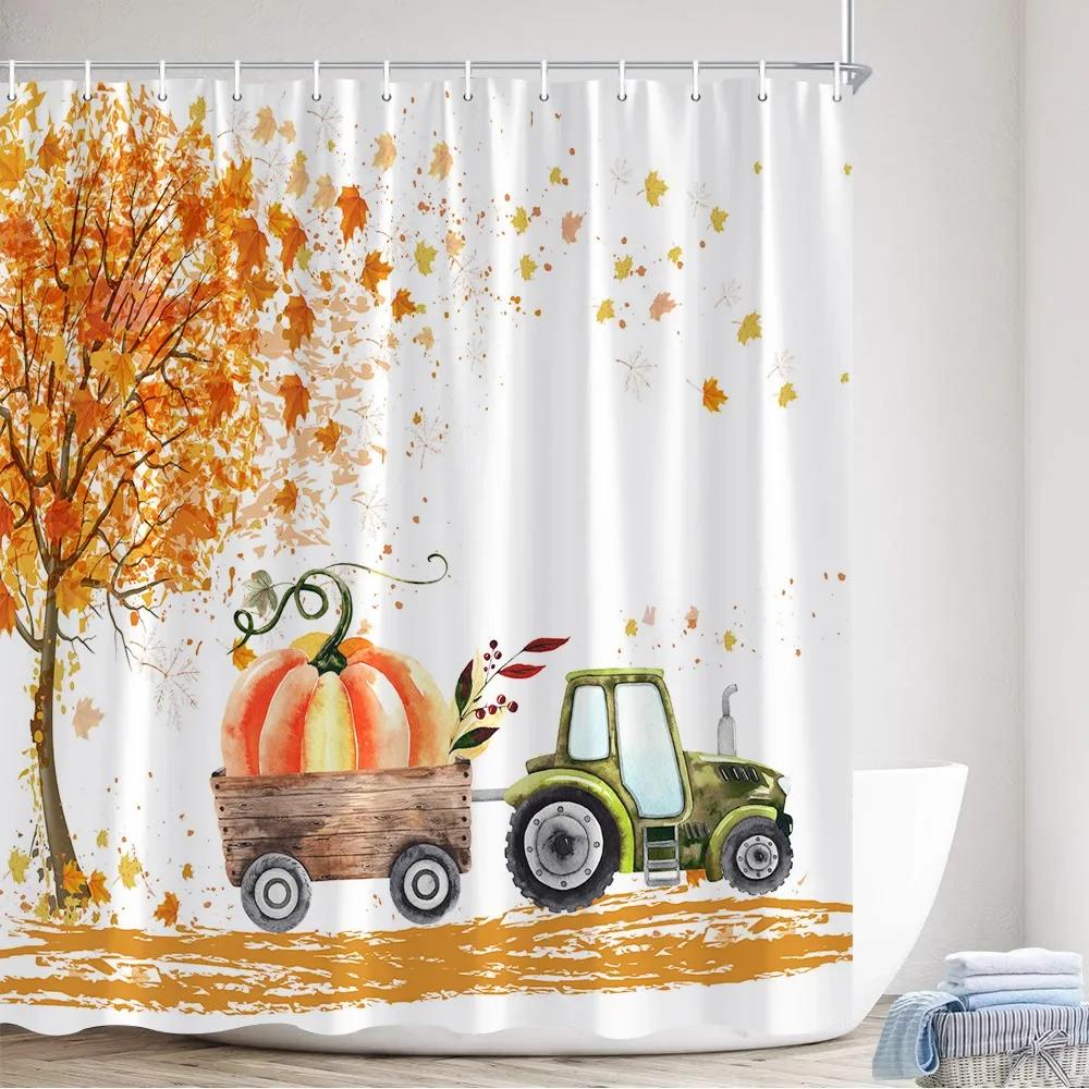 Autumn Farm Pumpkin Truck Shower Curtains Maple Leaves Tree Sunflower Squirrel Cat Harvest Bath Curtain Cloth Bathroom Decor Set