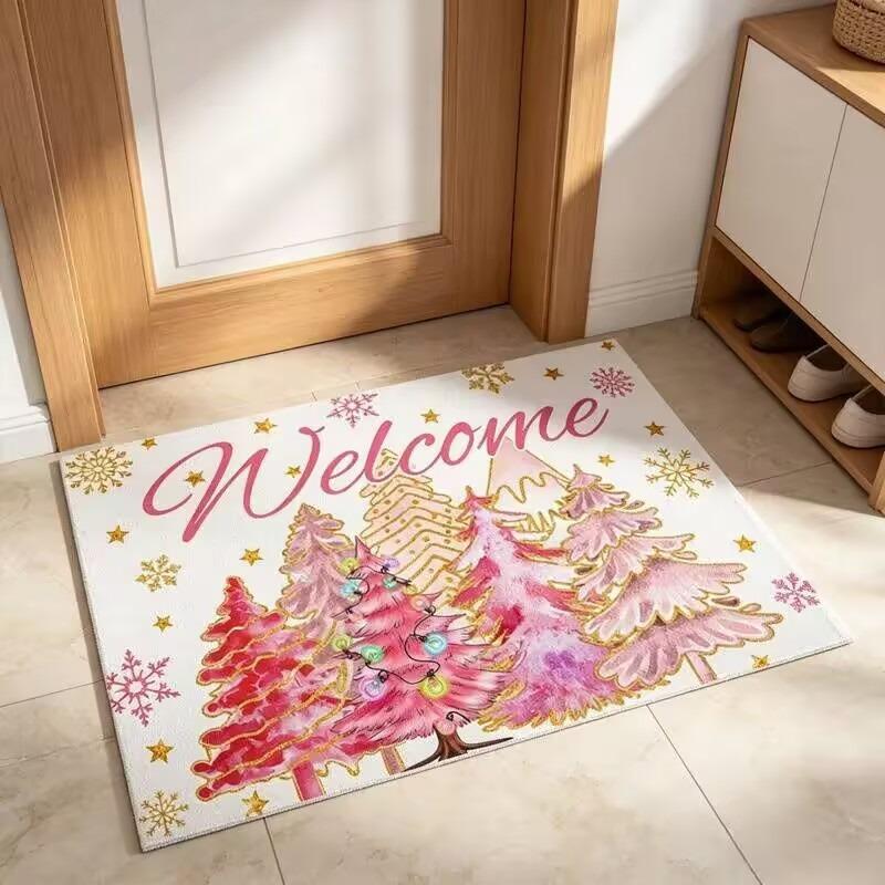 Luxury Printed Doormat Vintage Watercolor Xmas Tree Welcome Snowflake Golden Star Floor Mat For Front Entry Porch Indoors