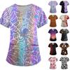 Women's Halloween Print Loose Fit V-Neck Pocket Short Sleeve Scrub Top