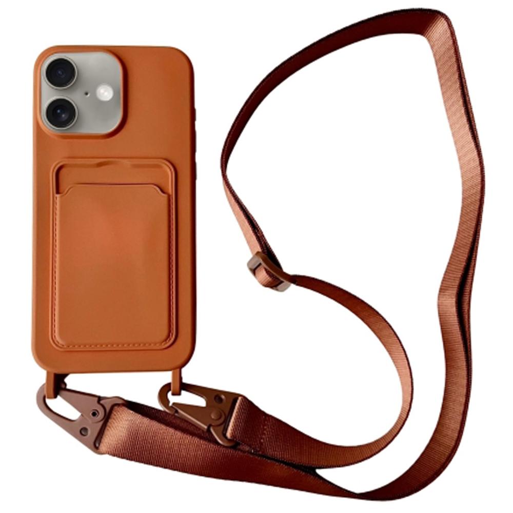 

Чехол для iPhone 16 Жидкий силикон Слот для карт Мягкая накладка для телефона со шнурком Brown