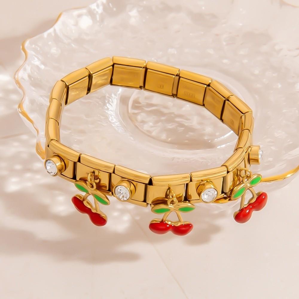 Crystal Fruit Pendant Bangle Elastic Stainless Steel Bracelet Geometric Square Bracelet  Vacation