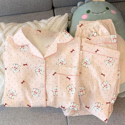 Pijama de Lunares para Mujer Primavera Pantalones de Manga Larga Cachorro Rosa Dibujos Animados Se Puede Usar Afuera Conjunto de Ropa de Casa