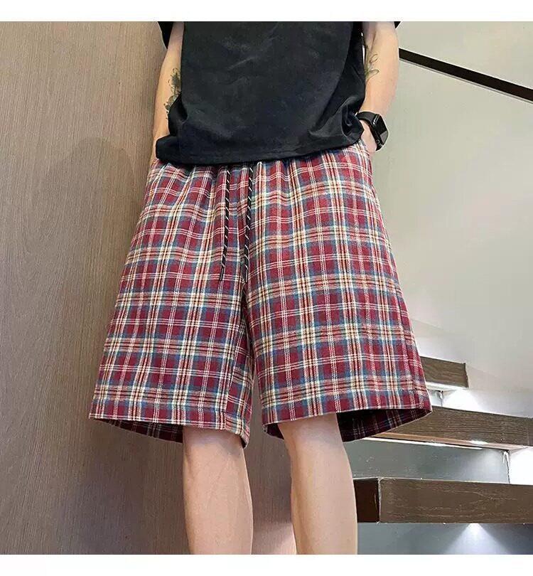 American contrasting plaid shorts men's summer relaxed plaid sports pants loose casual beach five-point pants