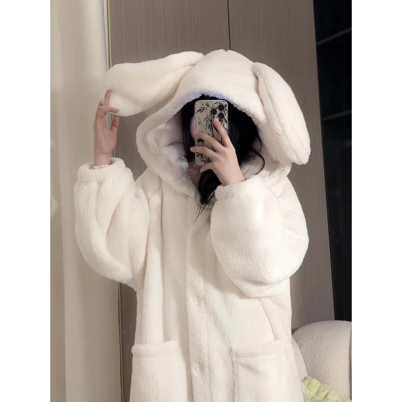 Winter Langarm Kapuze Dicke Warme Kimono Roben für Frauen Kaninchen Niedlich Bademäntel Nachtwäsche Nachthemd Nacht Dre