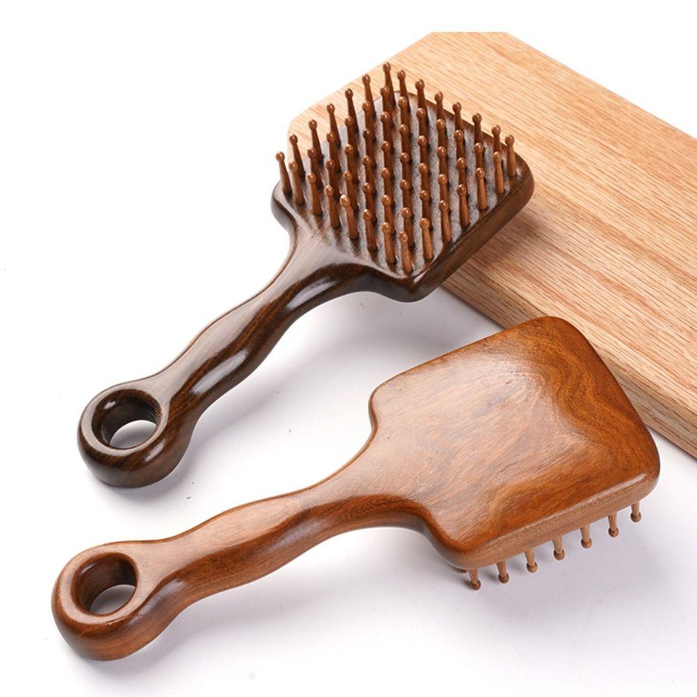 Long Handle Sandalwood Head Massage Comb Wide Tooth Meridian Hair Brush  Travel Use