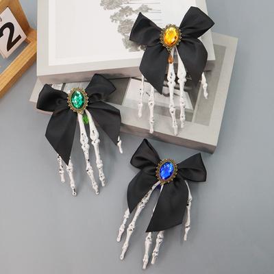 Halloween Skeleton Hand Hair Clips with Bowknot Faux Crystal Hand Bone Hairpin Gothic Skull Claw Hair Accessories for Girls Party Cosplay