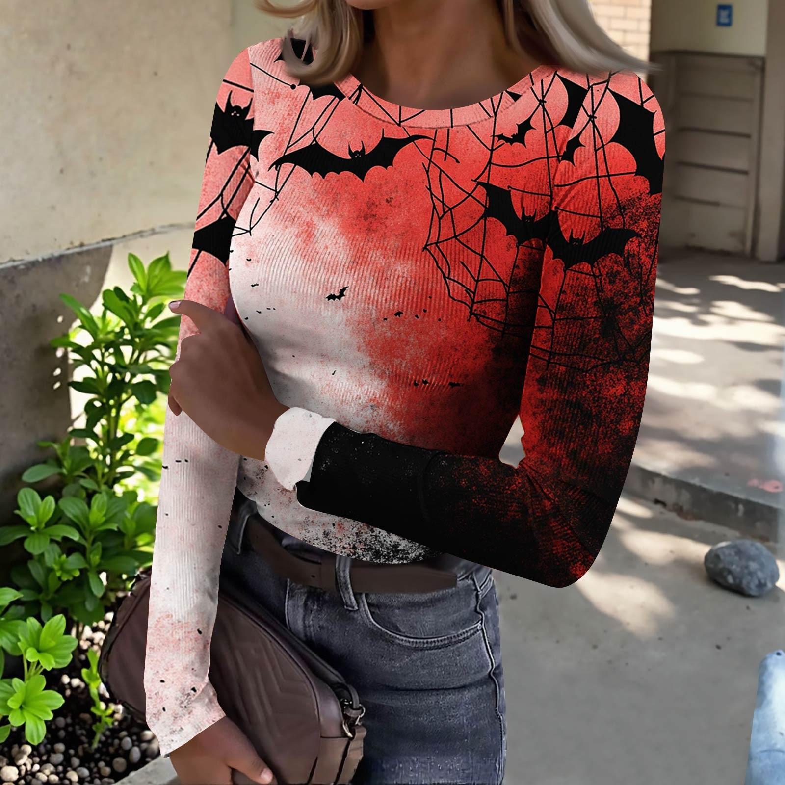 

Женская футболка с облегающим низом, модная повседневная с градиентным принтом, пуловер с круглым вырезом и длинными рукавами XXL красный