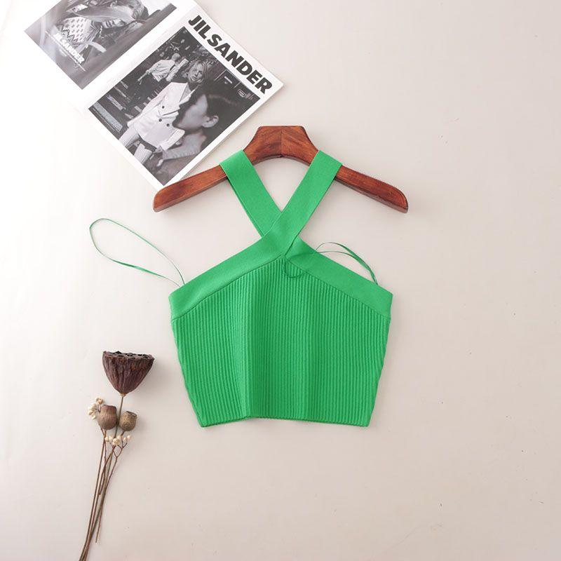 American Fashion Brand Cross Hanging Neck Cami Summer Rib Solid Sexy Short Knitted Top Women