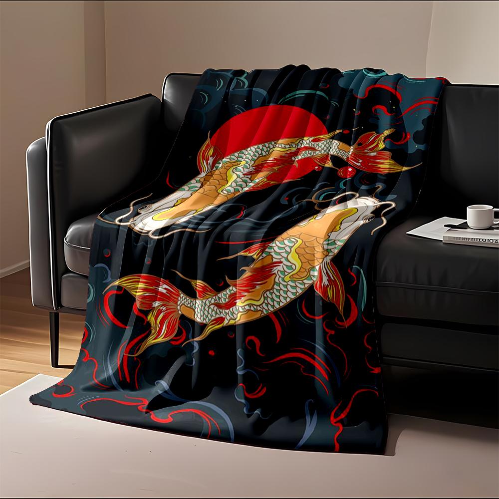 Two Vibrant Koi Fish with a Red Sun Design Flannel blanket for bedroom, living room, sofa, and nap sofas
