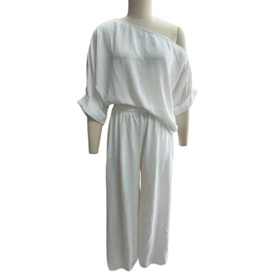 Women's Cotton Linen 2 Piece Sets Casual One Shoulder Half Sleeve Top And Wide Leg Pants Summer Vacation Lounge Outfits