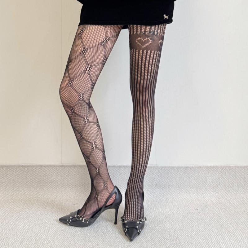 Women Vintage Fishnet Mesh Pantyhose Stockings Japanese Aesthetic Hollowout  Argyle Floral Heart Pattern Tights Leggings
