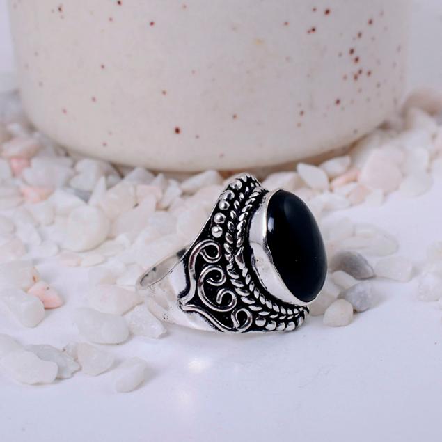 Black Onyx Antique Silver Plated Statement Ring | Boho Filigree Brass Jewelry | Oval Protection Stone Ring