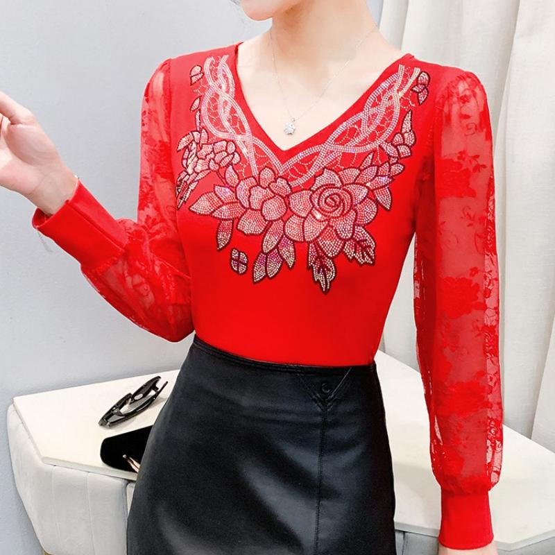 Spring Autumn Women's Lace Sleeve Patchwork T-Shirt Elegant V-neck Tees Slim Ladies Tops With Rhinestone Flower