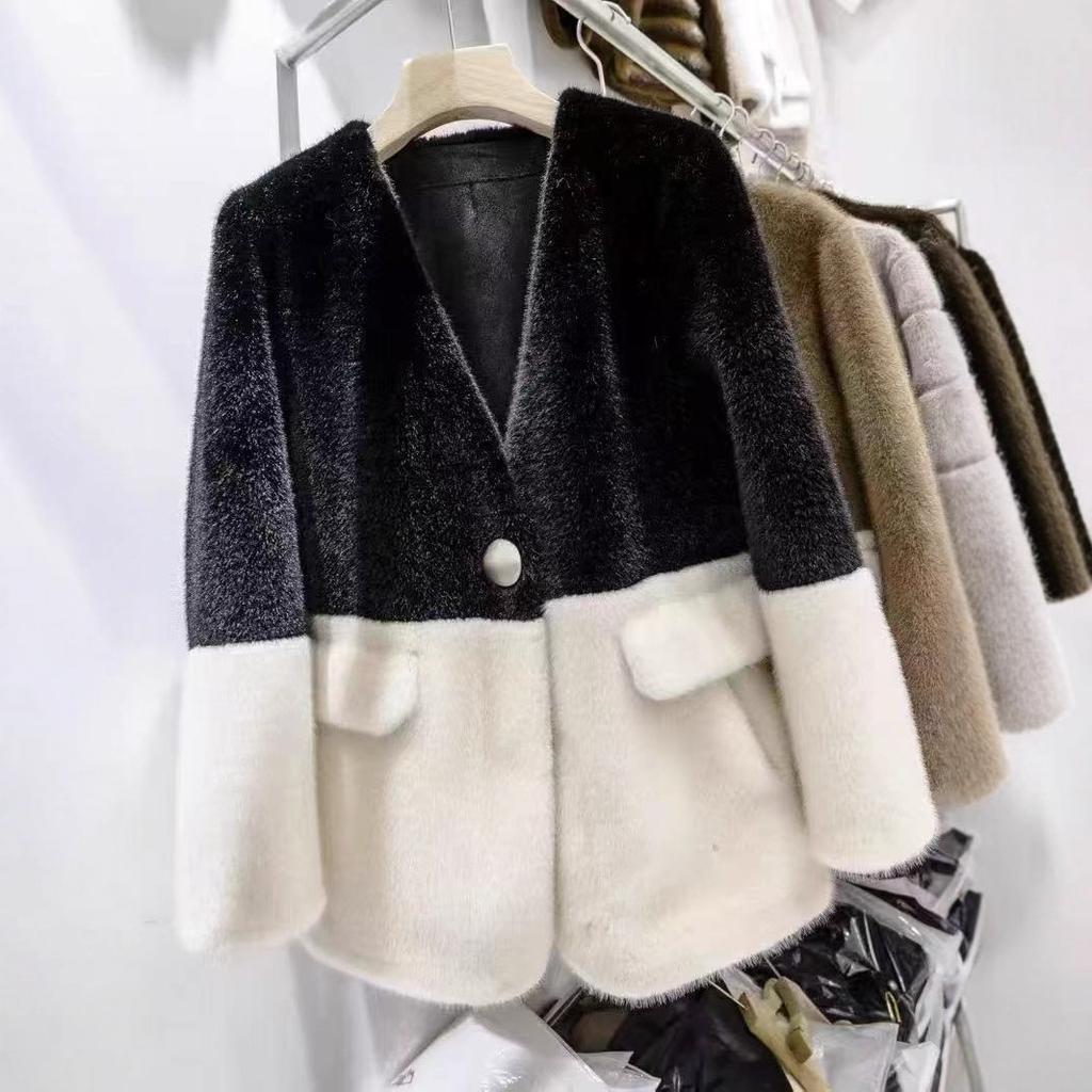 2025 Autumn/Winter New Plush Head High Collar Zipper Kangaroo Pocket Contrast Splicing Women's Coat