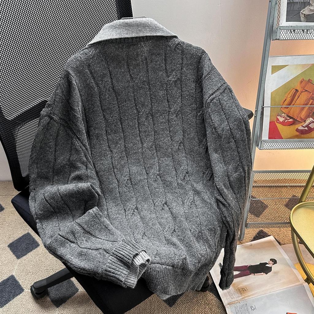 Fake Two-piece Twist Polo Neck Sweater Men's Autumn Trendy Brand Versatile Pullover Thread Jacket American Retro Loose Knitted Sweater