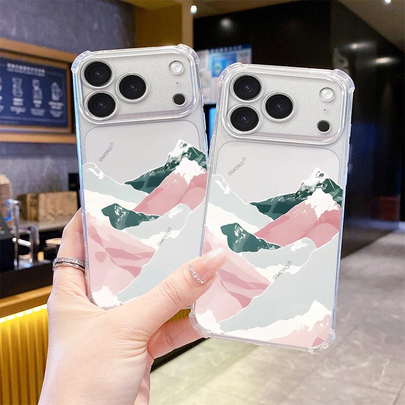 Batch Art Pink Green Snow Mountain Illustration Apple 14promax Transparent Mobile Phone Case Four Corners Anti-drop Protective Case
