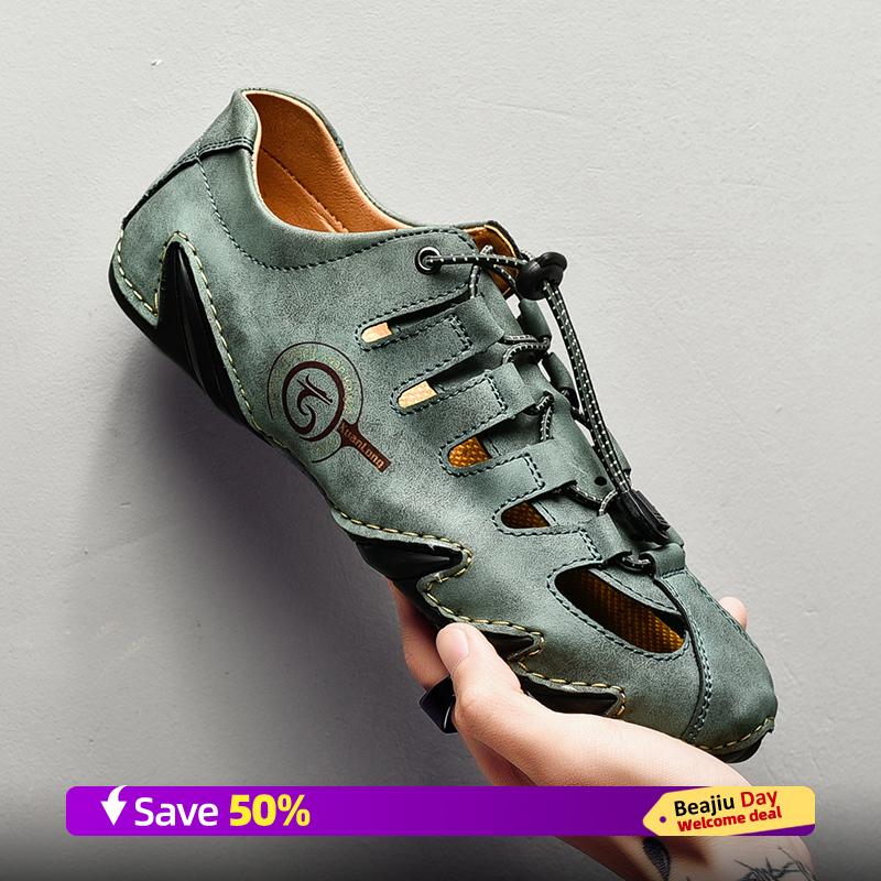 

Men s slippers flat bottomed beach breathable genuine leather business casual non slip lightweight hollow out outdoors sandals 38 зелений