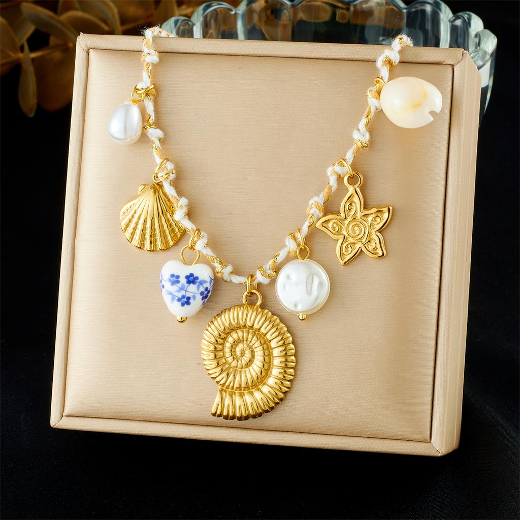 316L Stainless Steel Novel Trend Flower Shell Conch Pearl Pendant Necklace Women Leisure Vacation Neck Chain Jewelry