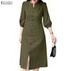 Women Casual V-Neck Solid Color 3/4 Sleeve Retro Dress