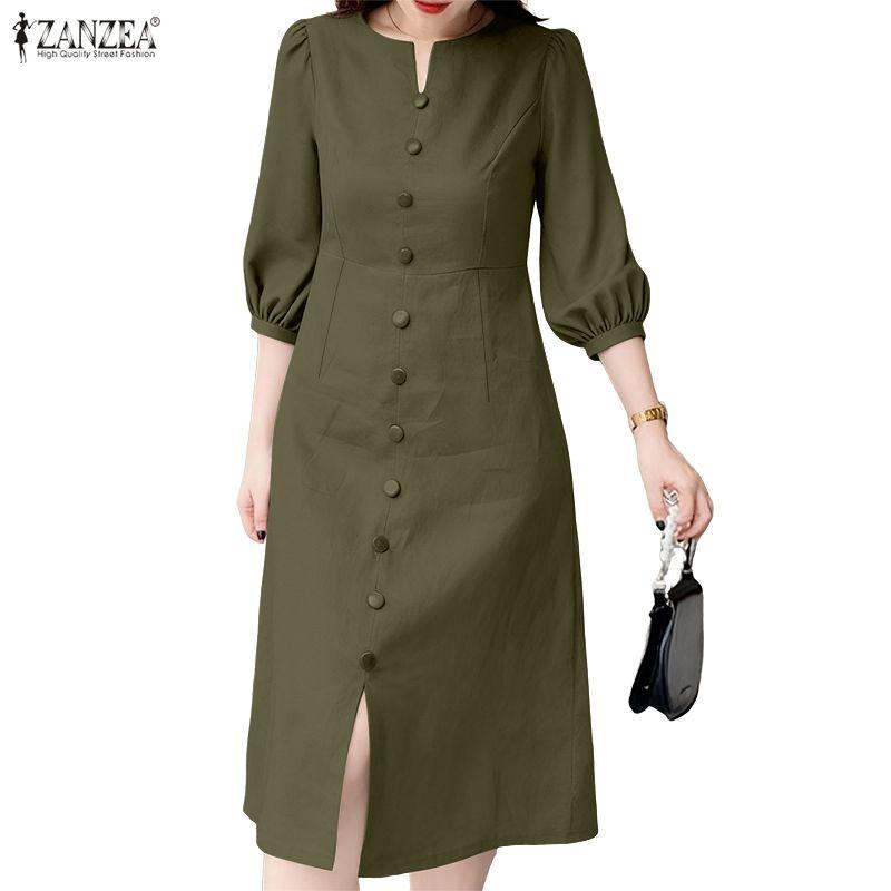 ZANZEA Women Casual V-Neck Solid Color 3/4 Sleeve Retro Dress