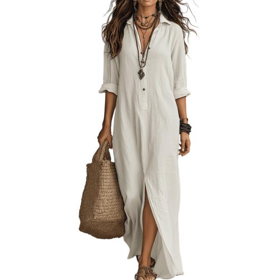 

Women Solid Color Shirt Dress Casual Long Dress with Lapel Collar & Front Slit S