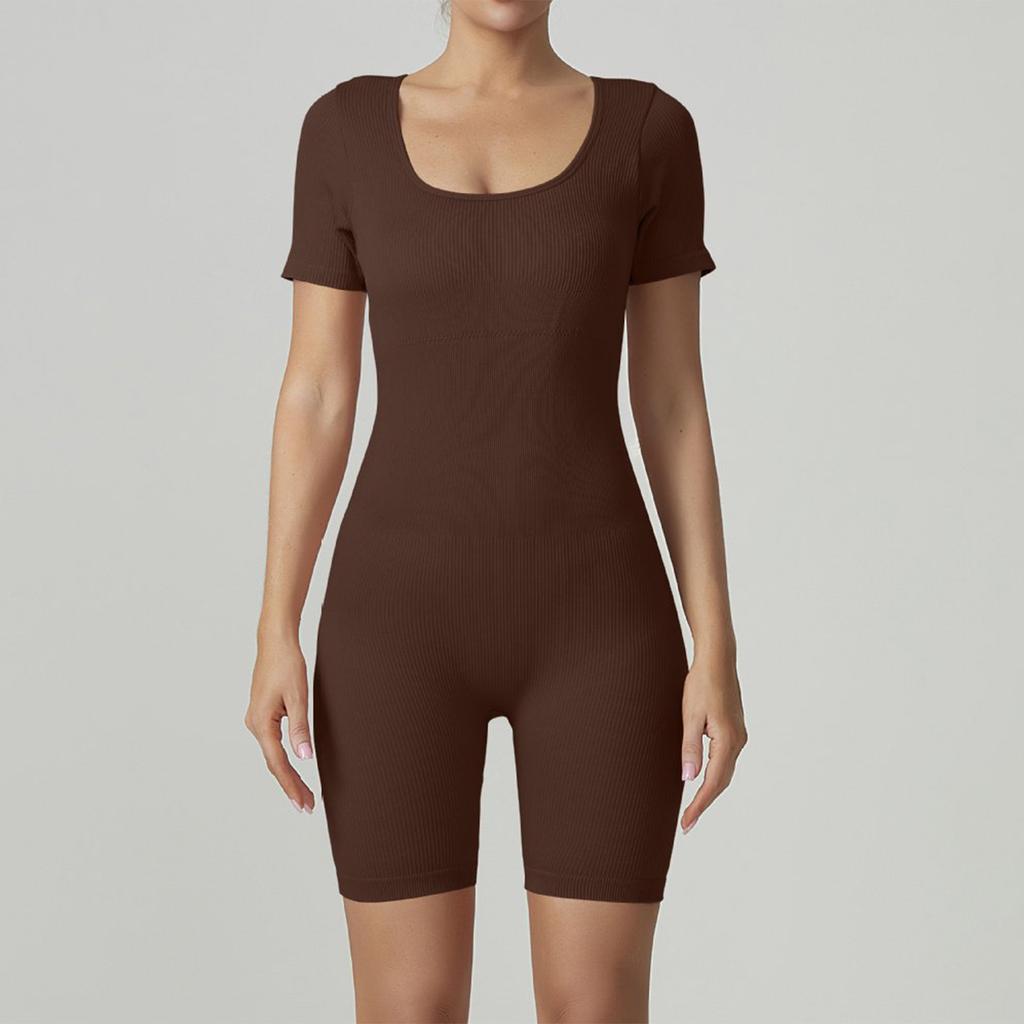 Women's Fashionable U Neck Short Sleeved Tight Fitting Yoga Fitness Jumpsuit