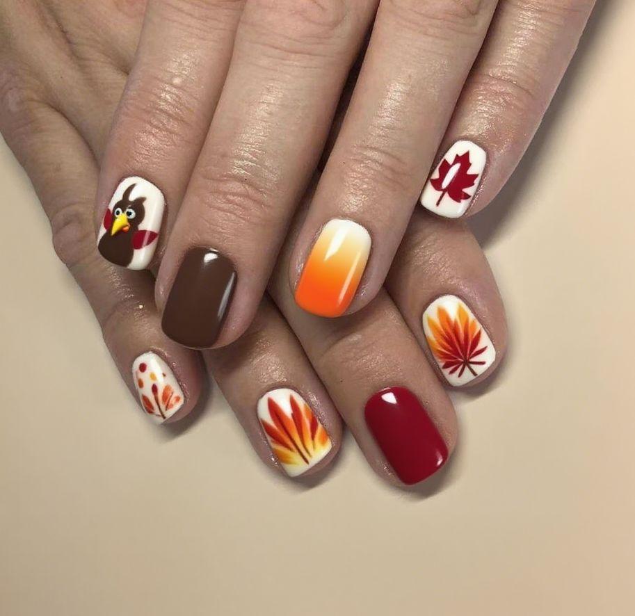 

New nail patch autumn and winter Thanksgiving maple leaf turkey design short European square wearing nail piece Free jelly glue + rubbing strips