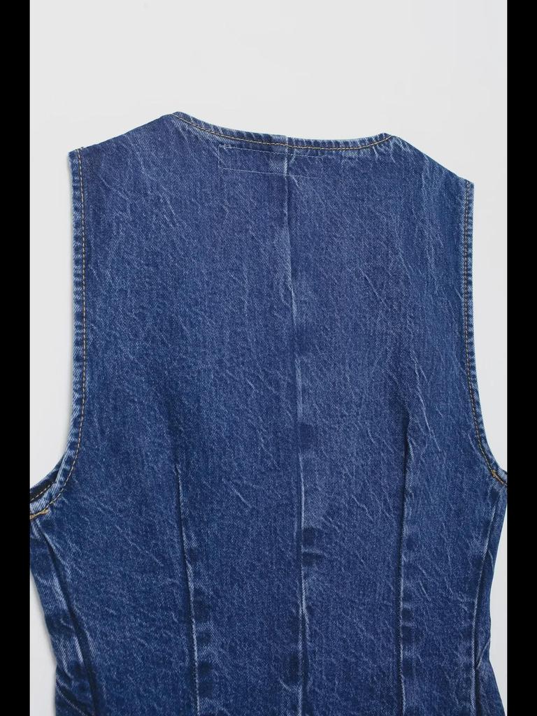 Conjunto de Chaleco Vaquero y Pantalones de Pierna Ancha para Mujer - Cuello Redondo, Cruzado Sencillo.