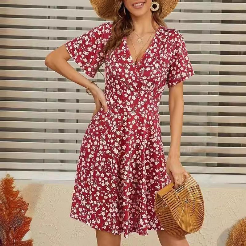 

Fashion Women Summer Short Sleeved Floral Dress V-neck A-line Party Holiday Medium and Long Dresses Elegant Printed Simple Women s Clothing XL червоний