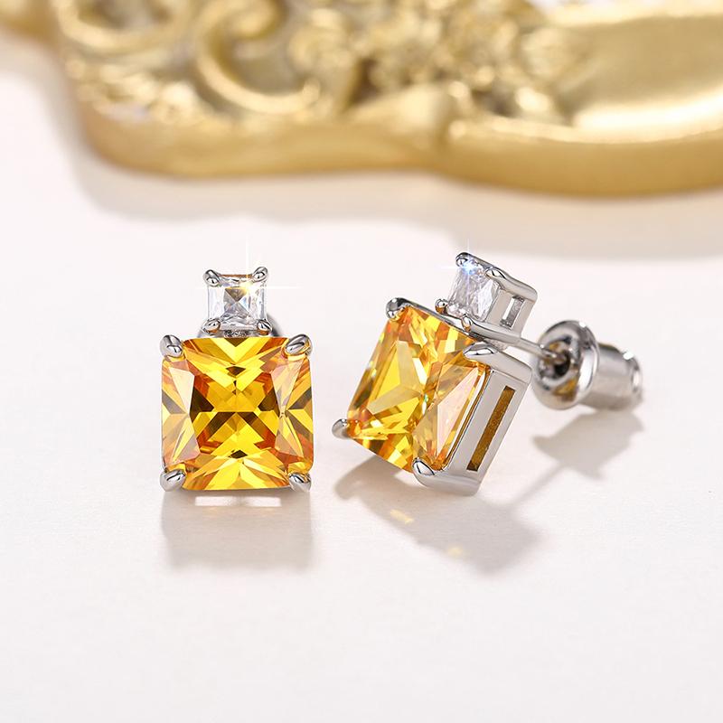 Luxury Princess CZ Stud Earrings for Women Yellow/Pink Cubic Zircon Colored Temperament Ear Piercing Accessories Jewelry