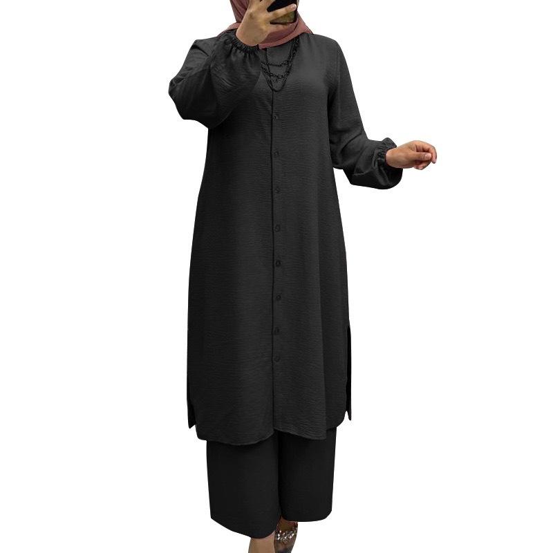 

In Stock: Middle Eastern Muslim Solid Color Casual Button Long Sleeve & Elastic Pants Set Double Extra Large чорний