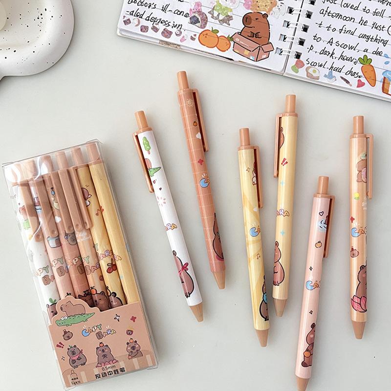 6Pcs Kawaii Cute Capybara Gel Pen Quick-Drying Writing Smooth Pen Cartoon Pressing Neutral Pen School Supplies Stationery