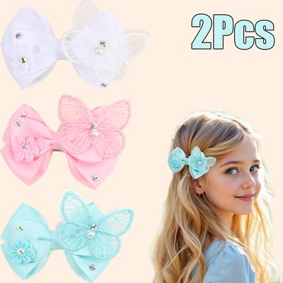 2Pcs Butterfly Hair Clips Baby Solid Ribbon Bows Barrette Sweet Diamond Flower Hairpin Children School Headwear Girls Accesories