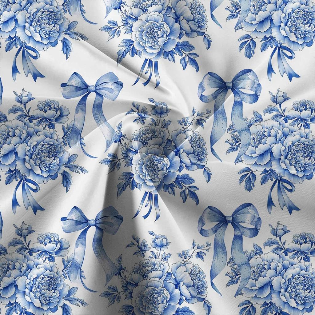 Floral Shower Curtain, Vintage Blue Bow Floral Aesthetic Bathroom Decor Curta, Modern Chinoiserie Vintage Peony Shower Curtain Set with Hooks,