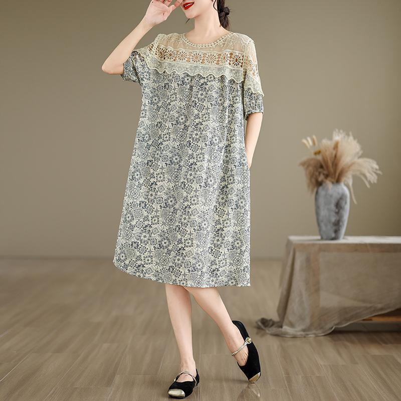 

Женское летнее платье большого размера с кружевной вставкой и принтом M (95-115 lbs recommended) кремовый/белый