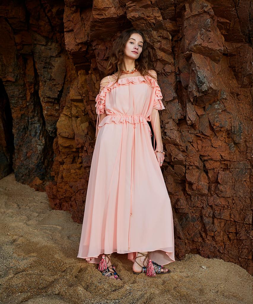Aiseugadeuneiogongpal Off-Shoulder Chiffon Dress_Peach Cream