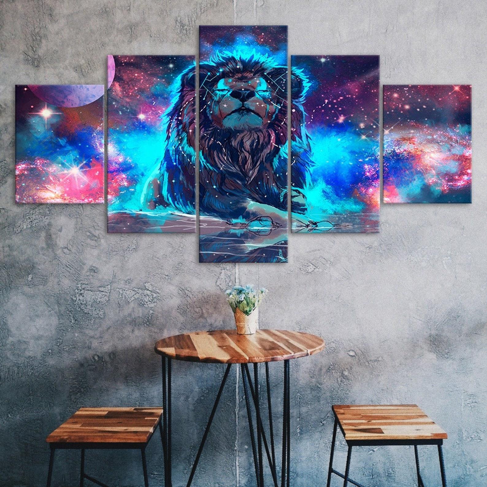 

Abstract Lion Mystical Animal Glowing Cosmic Scenery 5 Piece Five Panel Wall Canvas Print Modern Art Poster Home Decor Gift For Him For Her 20X35 20X45 20X55CM