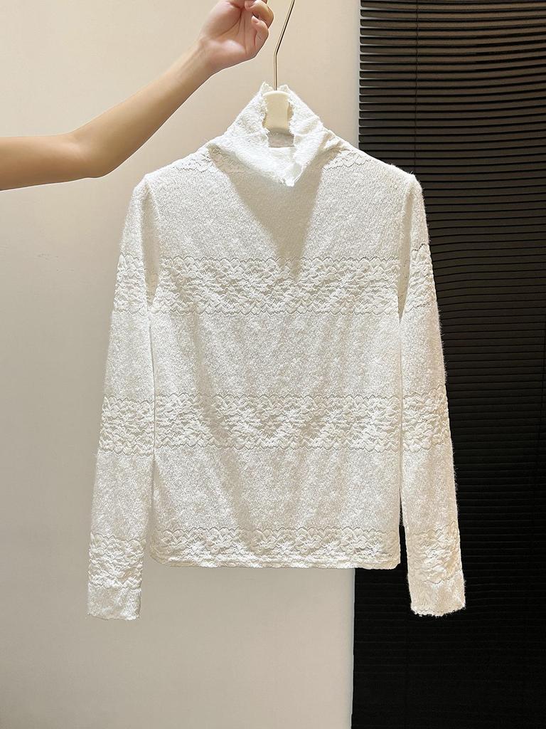 Gradient Lace High-Neck Long Sleeve Top - Chic Autumn/Winter Layering Cover-up