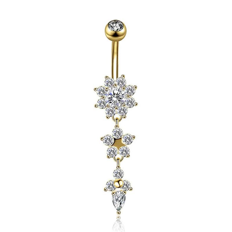 Anneau de nombril en acier inoxydable rose avec longue tige et fleur en cristal CZ pour piercing ombilical pour femmes Bijoux Sexy PLANT&Navel & Bell Button Rings&body