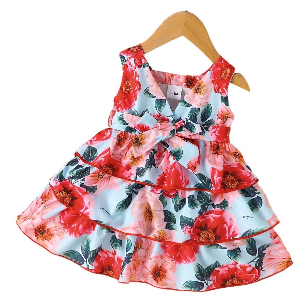 Sommer Neues Mädchen V-Ausschnitt Ärmellos Blume Mode Dreilagiger Kuchen Prinzessinkleid