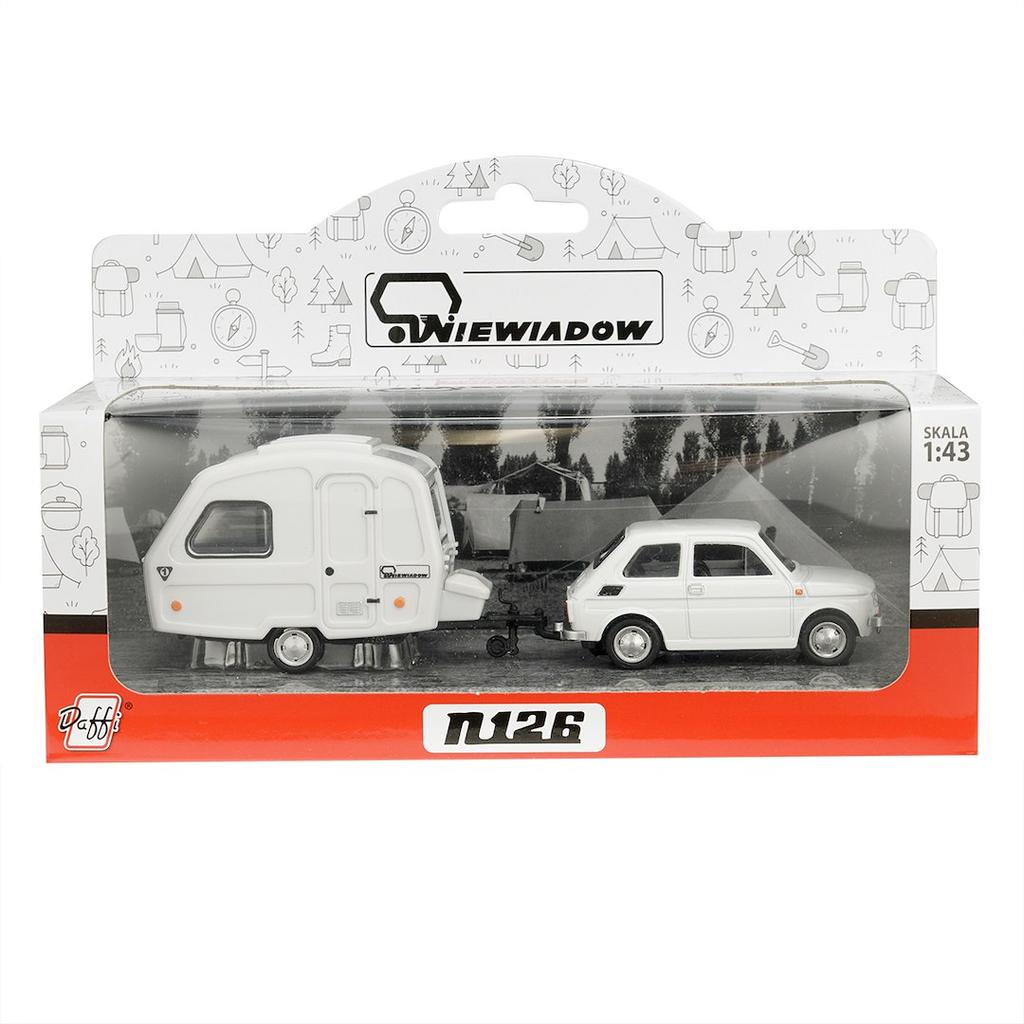 Model 1:43 Zestaw Fiat 126p + przyczepa Niewiadów Kemping, biały