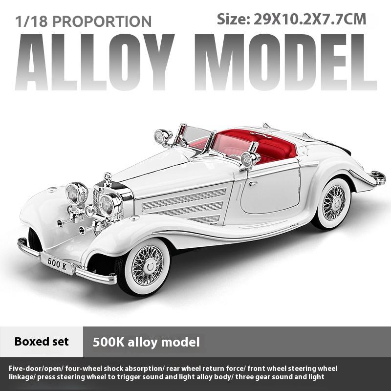 Large 1/18 Benz 500K Alloy Die Cast Classic Car Model Simulation Sound Light Retro Car Model Ornament Boy Gift Halloween Toys