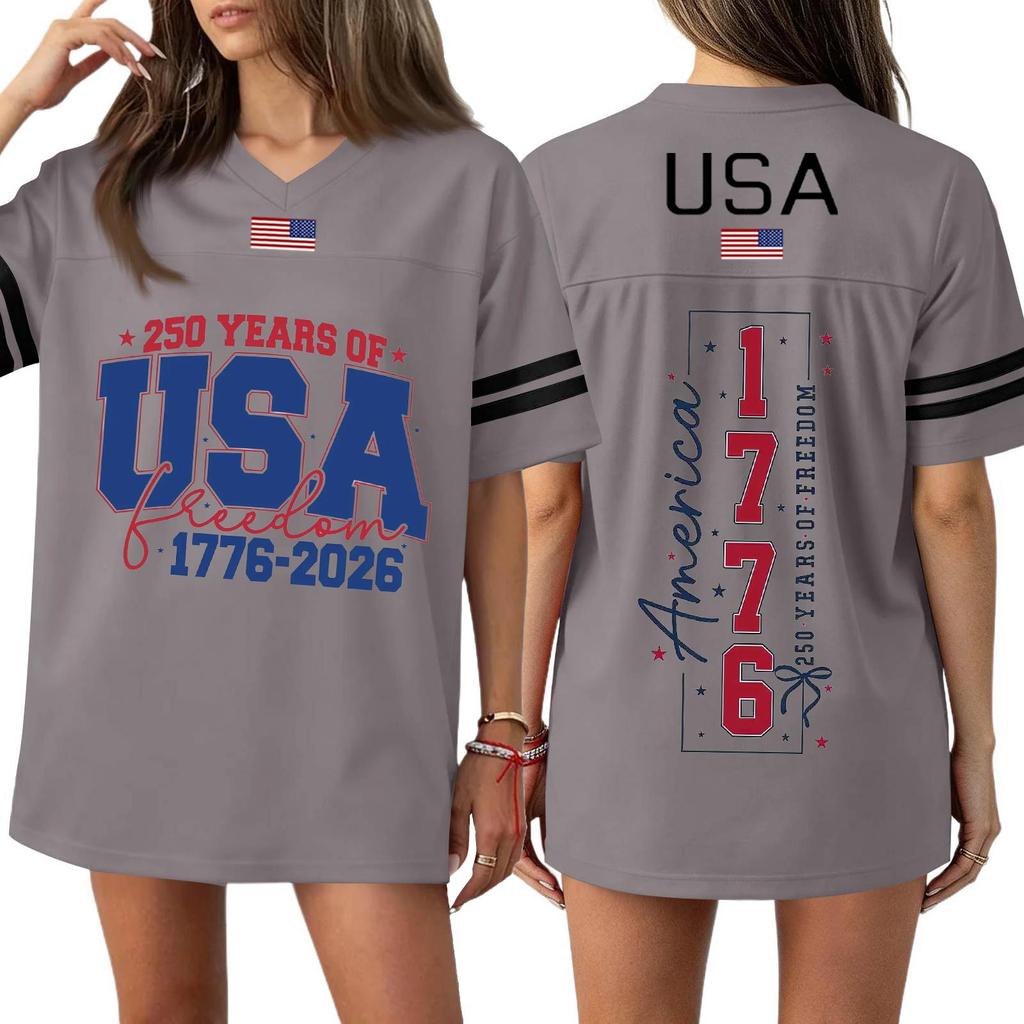 Damska Codzienna Modna Koszulka Sportowa z Dekoltem V z Nadrukiem na Dzień Niepodległości Krótkim Rękawem Top