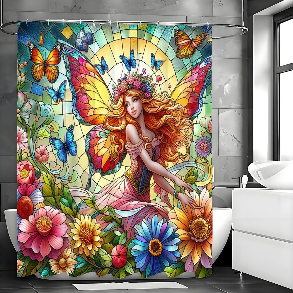 Elf Flower Butterfly Shower Curtain, Bathroom Decorative Shower Curtain, Waterproof Shower Curtain with Hooks