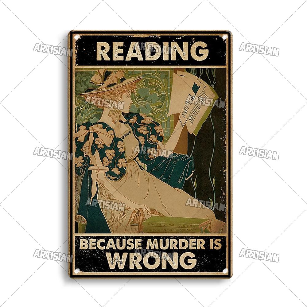 Artisian Reading Vintage Metal Sign Read Book Tin Plaque Girl Loves Books Classic Decorative Poster Wall Decor Garage Bar Pub