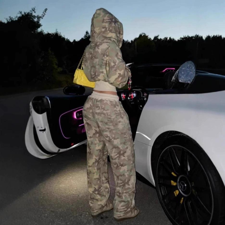 STREETRICH Fashion Y2K Camouflage Hooded Two Piece Sets Women Zipper Long Sleeve Crop Top and Pants Outfits Autumn 2pcs Streetwear