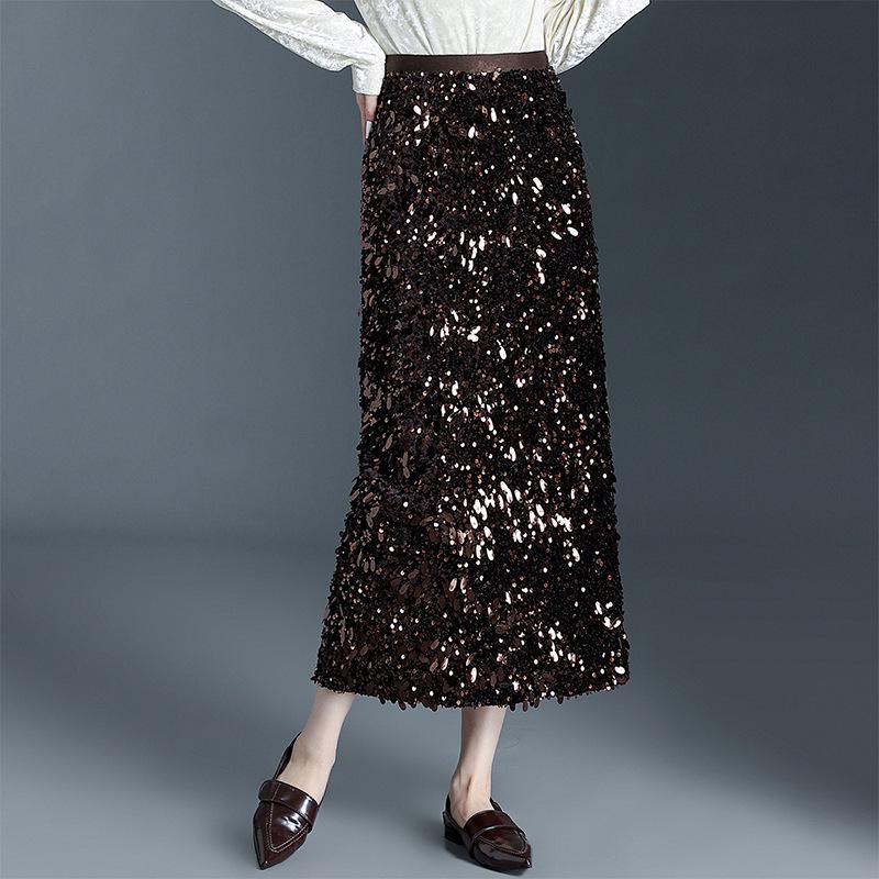 Winter Women's High-Waisted Velvet Sequin Bodycon Skirt - Stylish, Slimming, and Hip-Covering Design